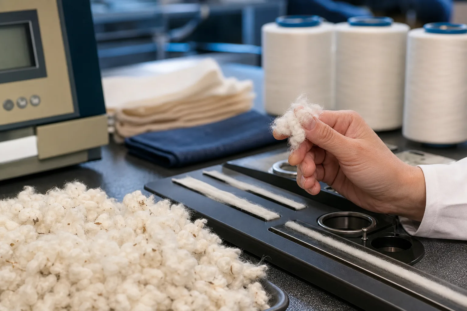 Technician reviewing raw cotton fiber measurements beside laboratory testing equipment
