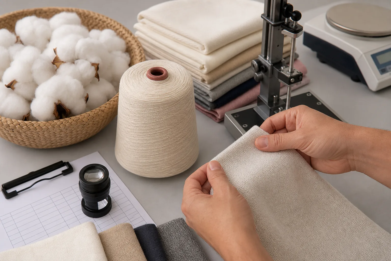 Clean Upland cotton fibers beside woven denim and soft jersey fabric