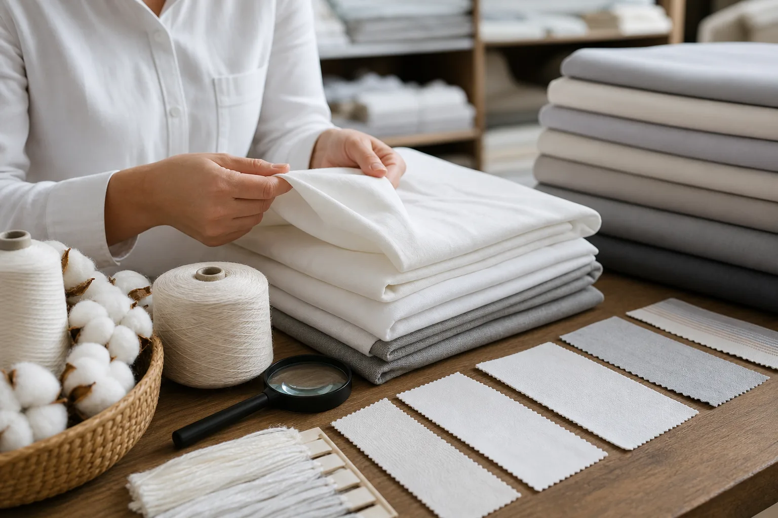 Folded white cotton sheets showing crisp and smooth woven surfaces