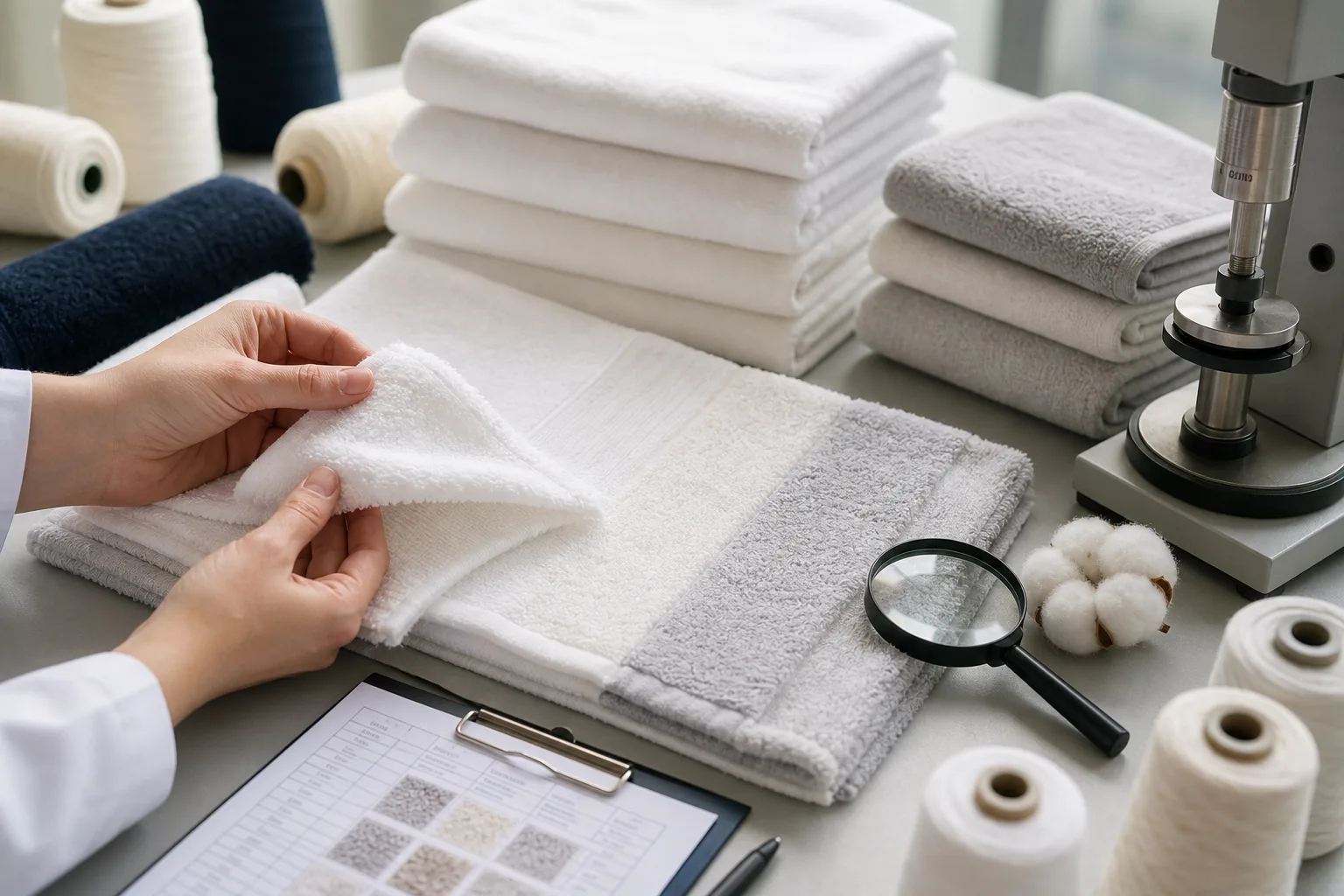 Folded cotton terry towels showing dense loops and woven borders