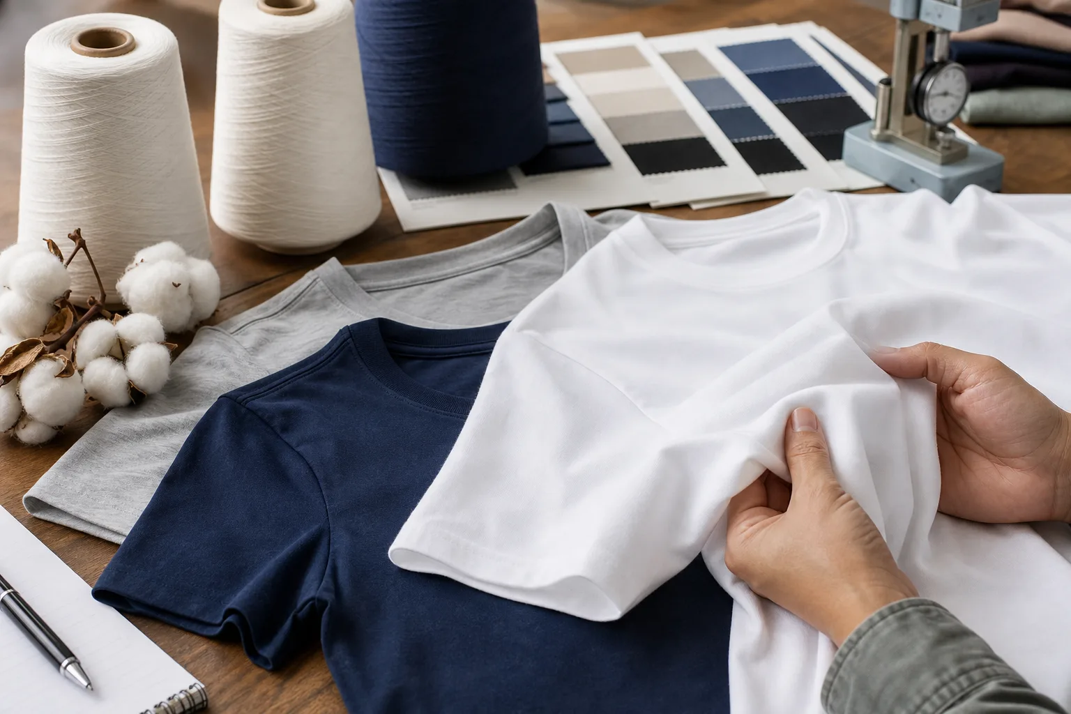 Folded cotton T-shirts showing different knit weights and surface textures