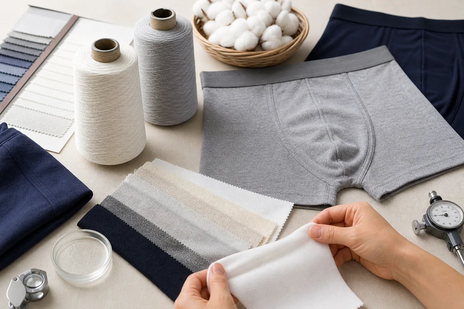 Folded cotton briefs showing jersey, rib and elastic waistband textures