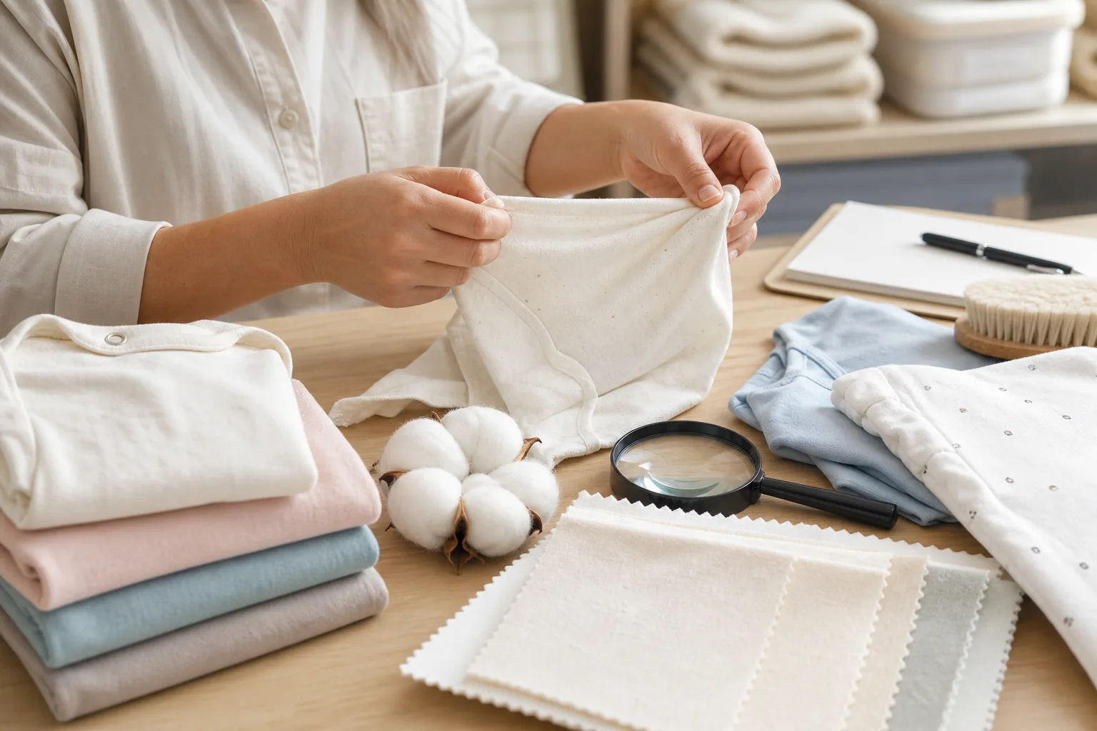 Close-up of soft cotton baby bodysuits in neutral colors