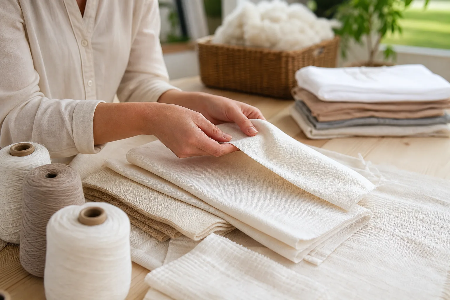 Hands comparing smooth cotton fabric surfaces and clothing labels