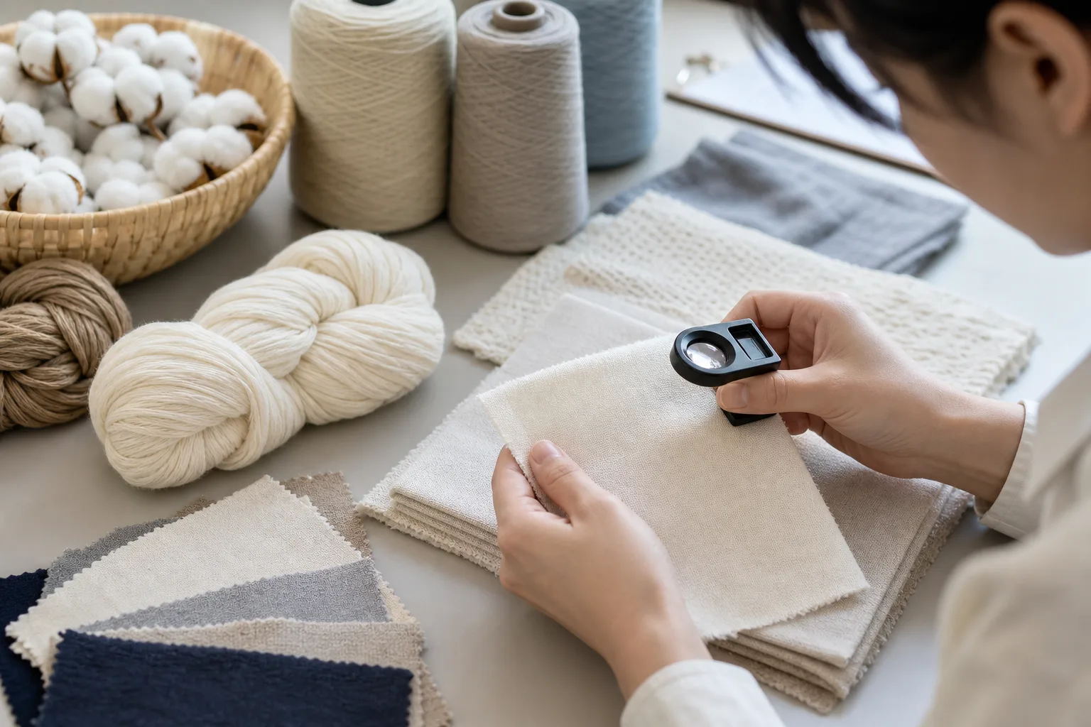 Shopper examining the weave and seams of folded cotton fabric