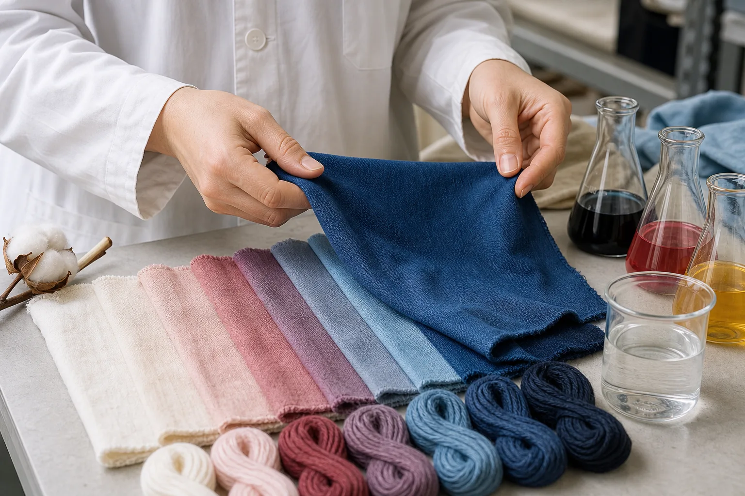 Dyed cotton yarn cones showing even blue and red color