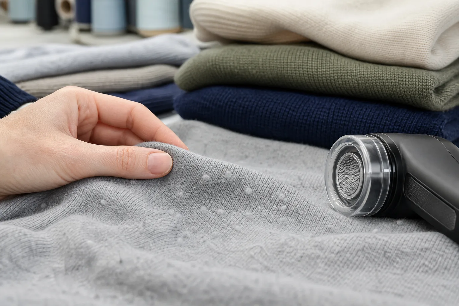 Close view of small fiber pills on blue cotton knit fabric