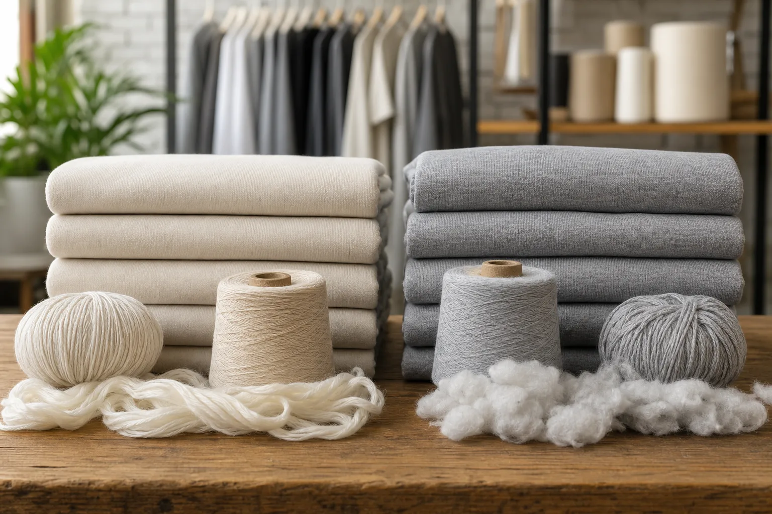 Aligned combed cotton fibers beside a textured carded cotton yarn