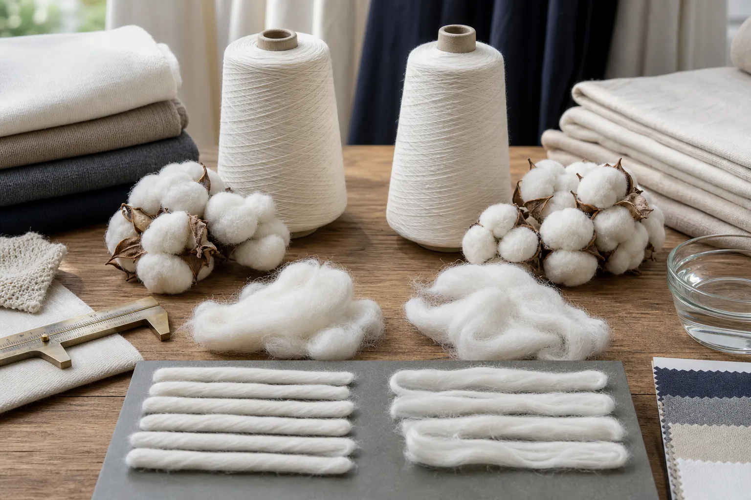Pima and Egyptian cotton fibers beside woven sheet samples