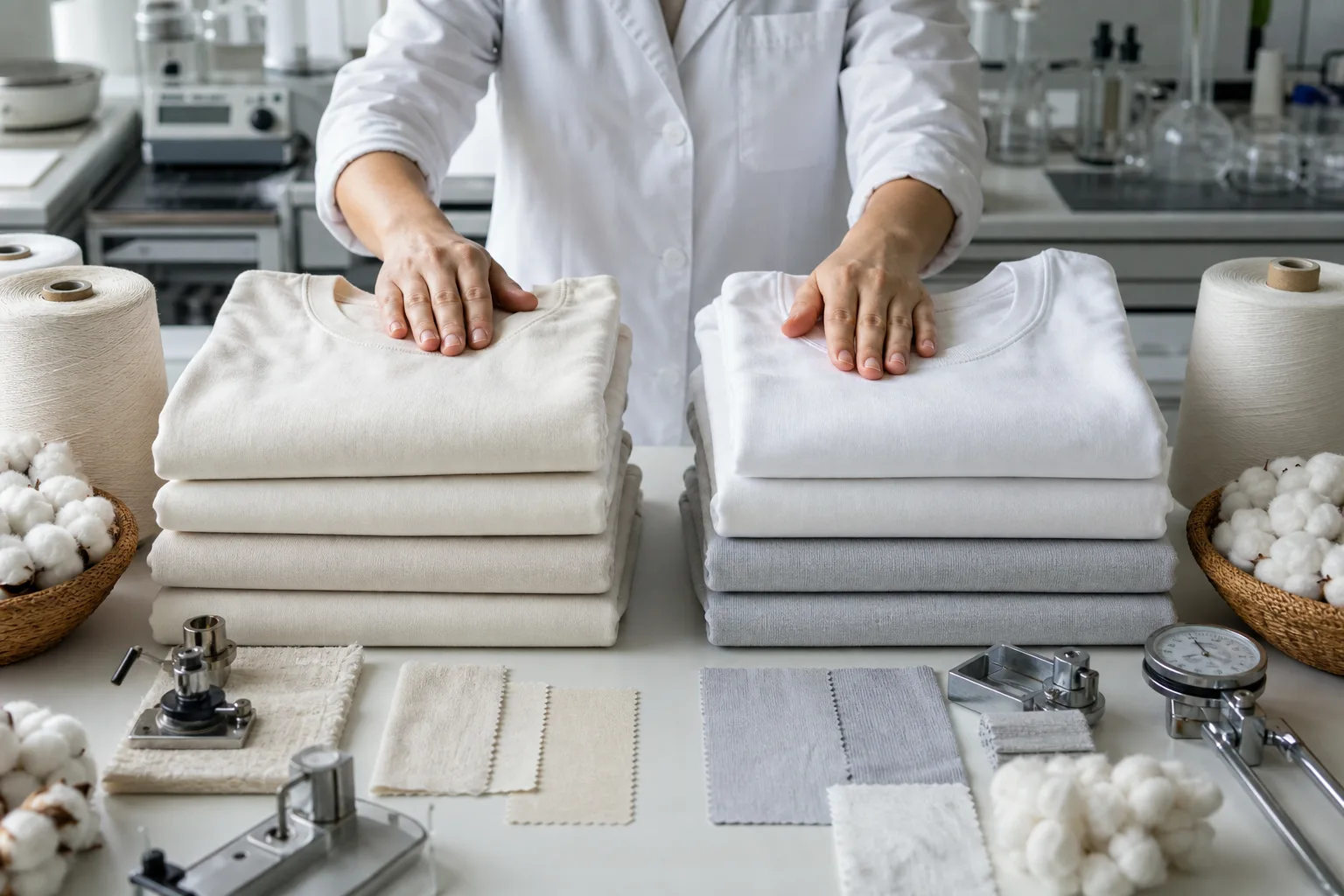 Organic and conventional cotton fabrics compared beside certification labels