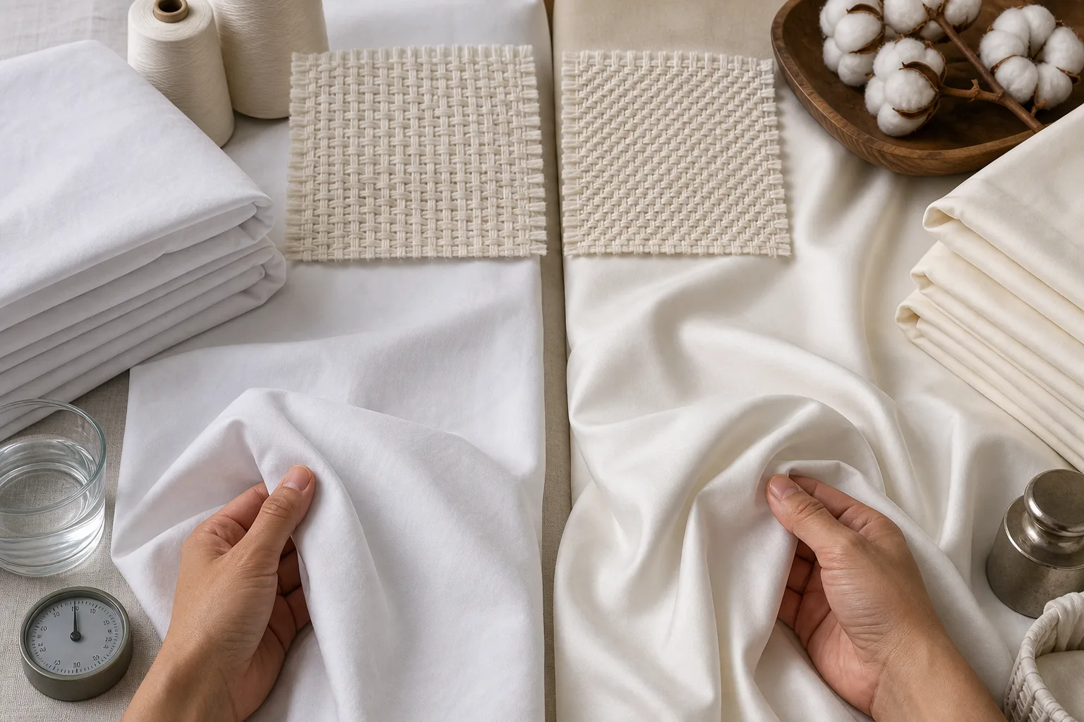 Folded crisp percale beside smooth lustrous cotton sateen sheets