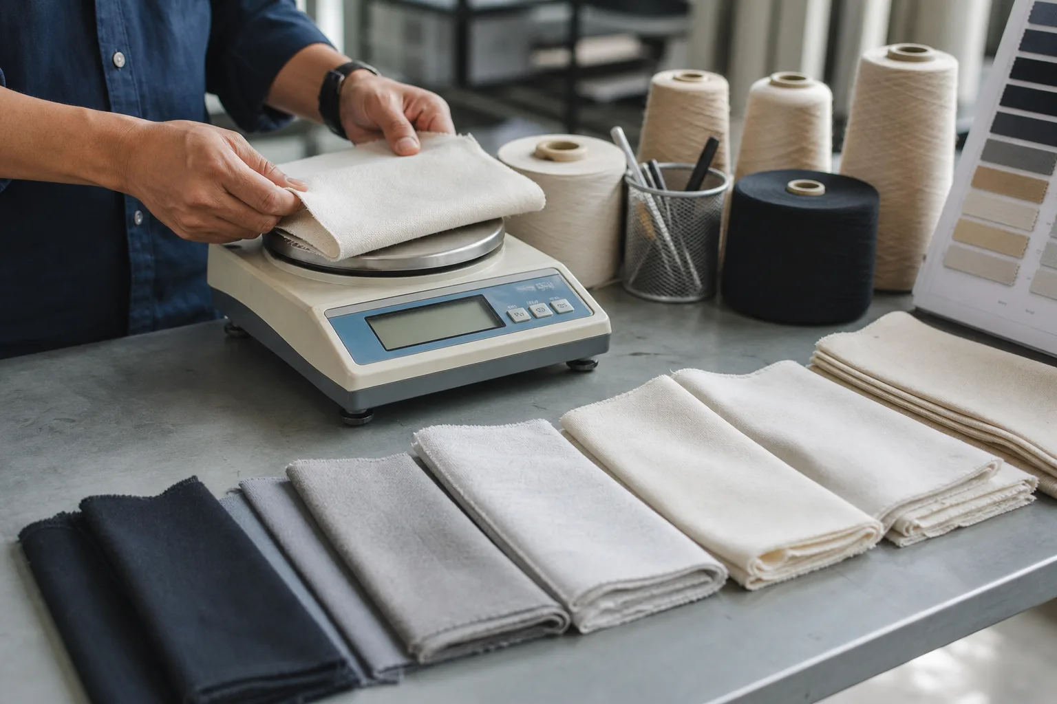 Cotton fabric swatches arranged from lightweight to heavyweight