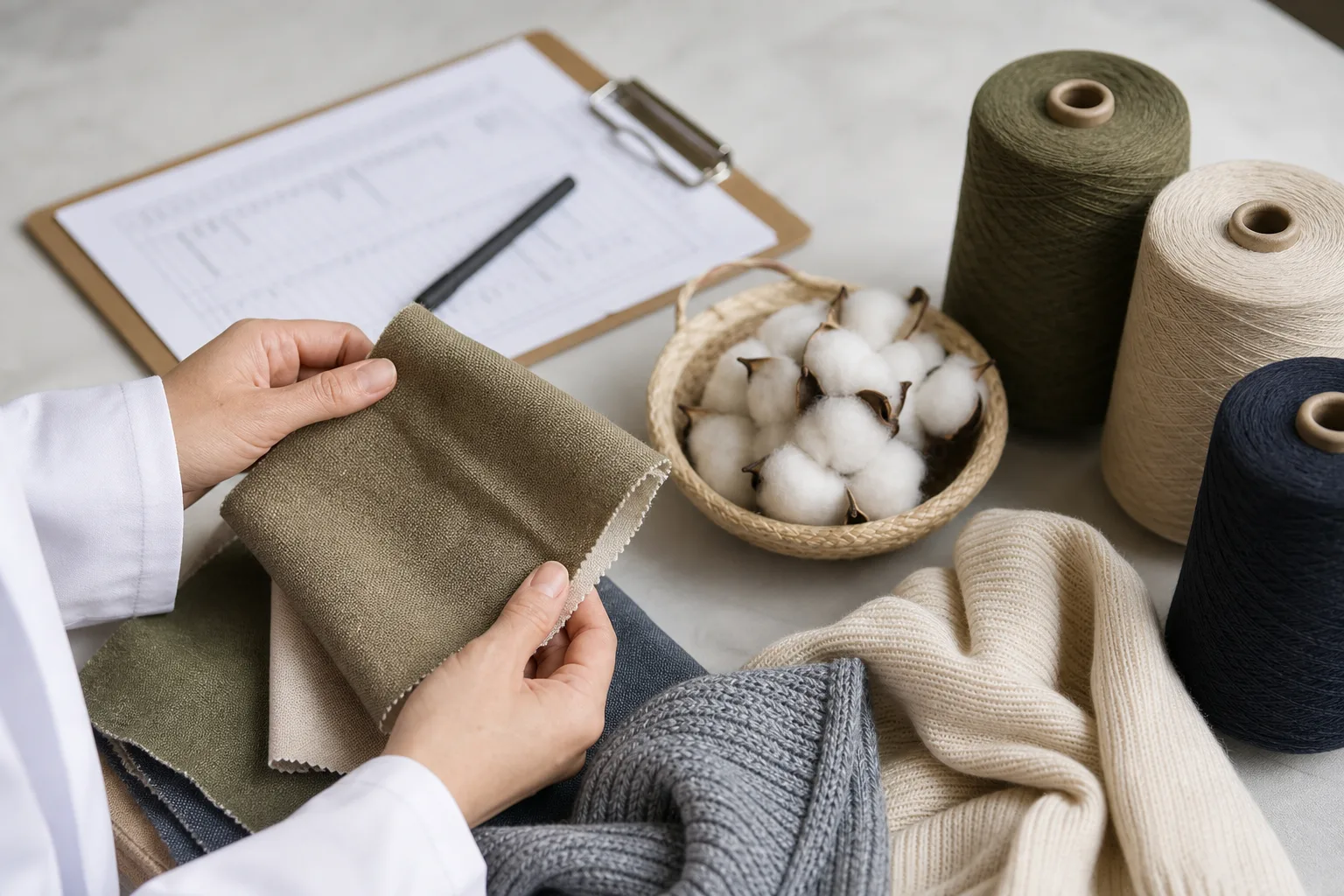 Certification tags beside folded cotton fabric and a fiber-content label
