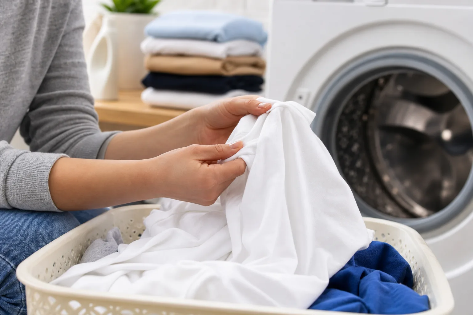 Hands sorting light and dark cotton garments beside a washing machine