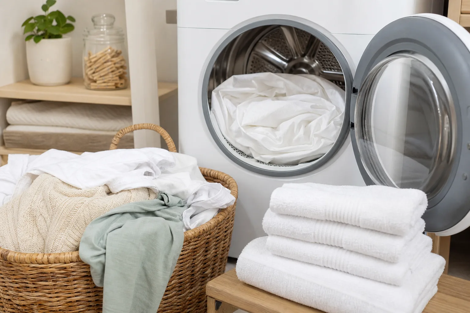 Cotton shirts arranged on a drying rack beside towels