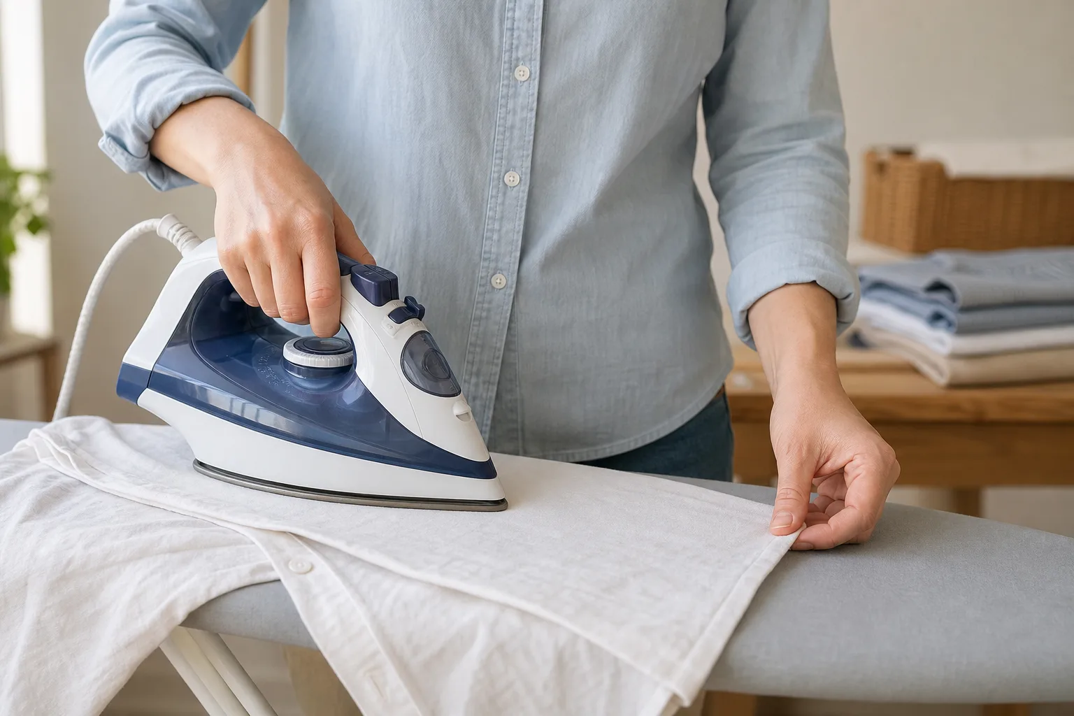 Steam iron smoothing a damp white cotton shirt on an ironing board