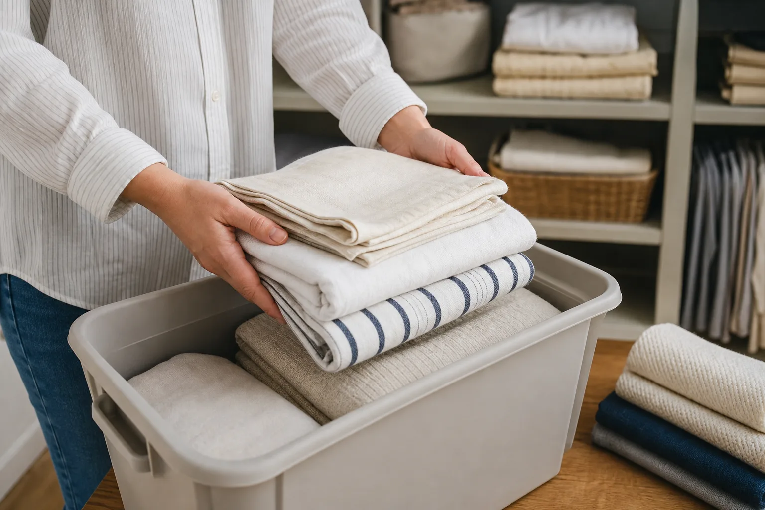Folded cotton linens stored neatly on a clean closet shelf