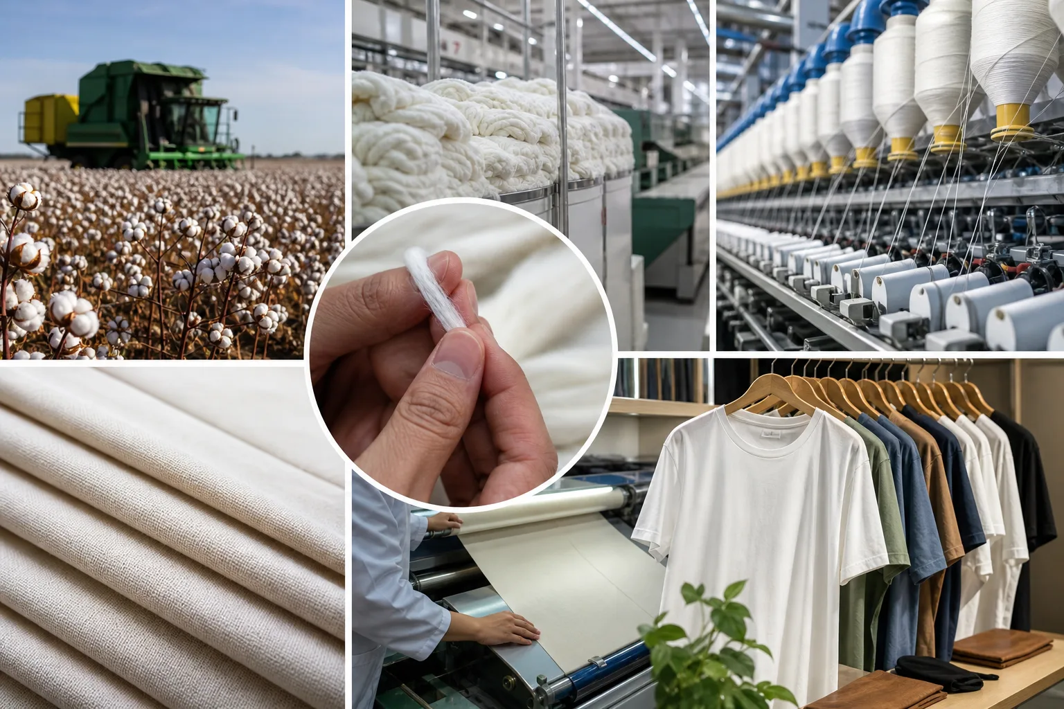Cotton bales, yarn cones and folded fabric in sequence
