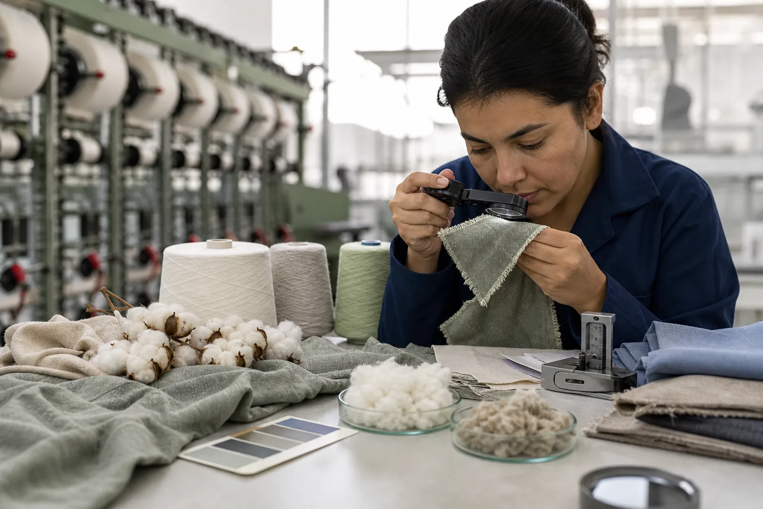 Classed cotton bales beside fiber samples and market records