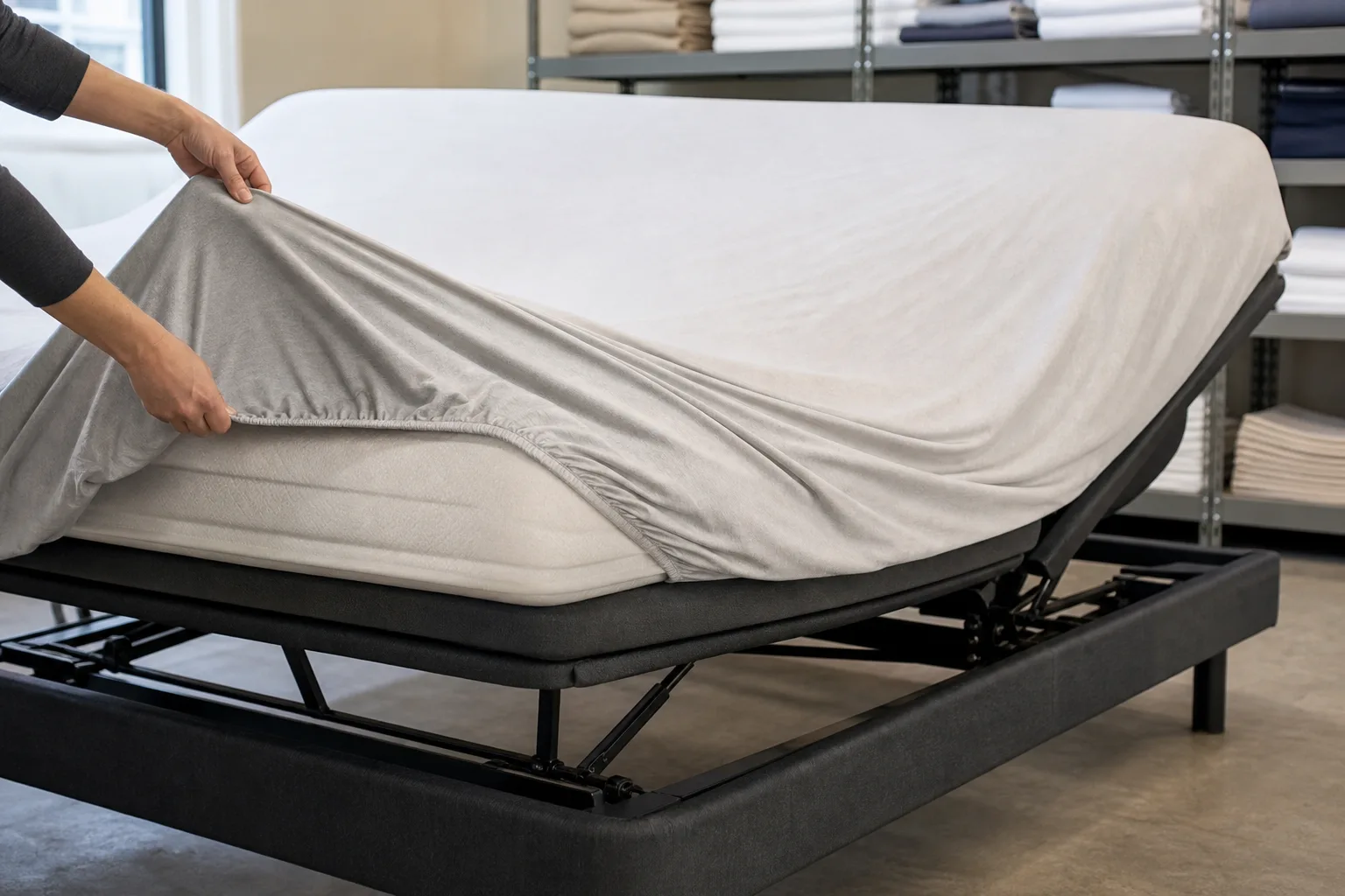 Cotton fitted sheet secured beneath a raised adjustable mattress corner