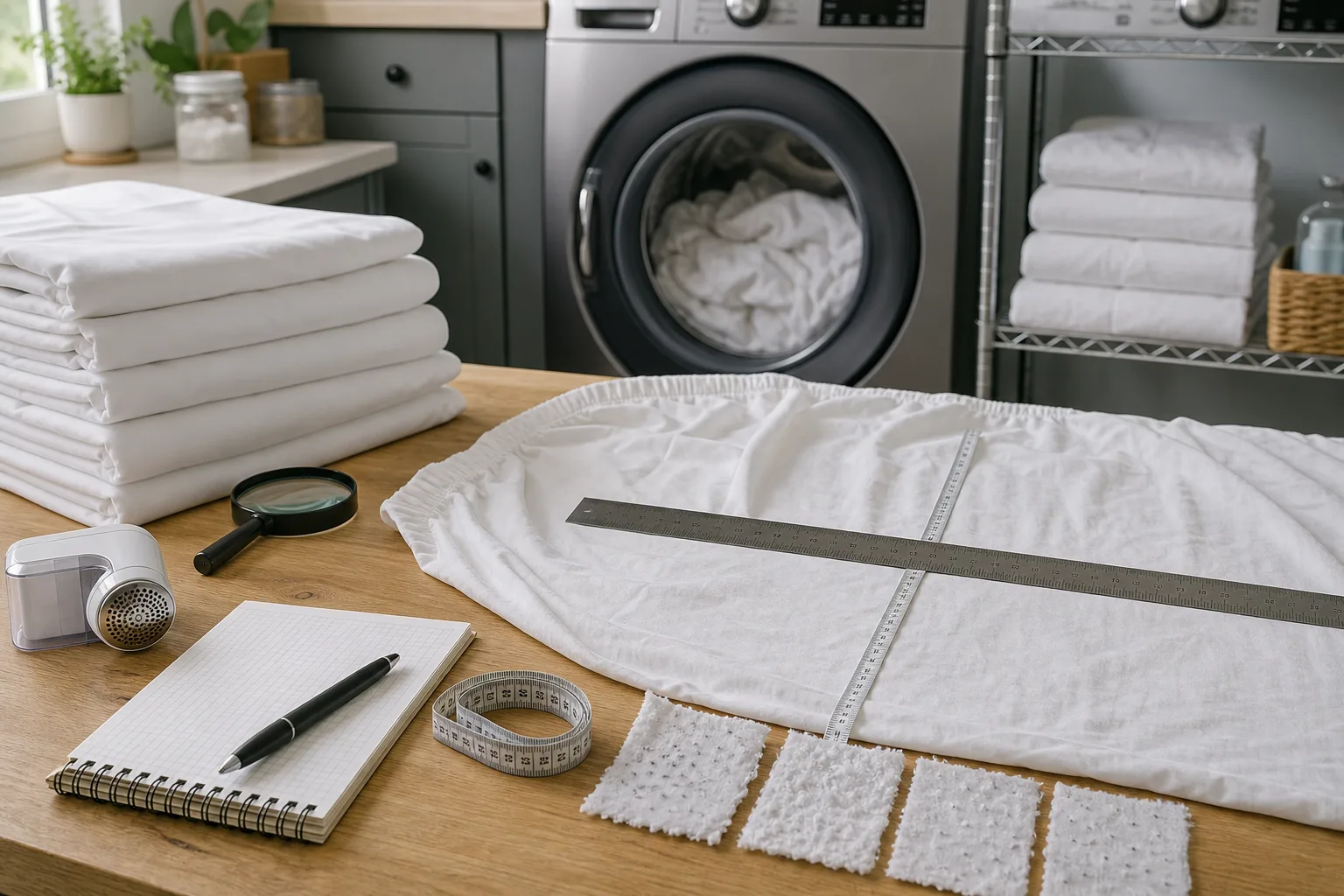 Tape measure and washed fitted cotton sheet on a mattress
