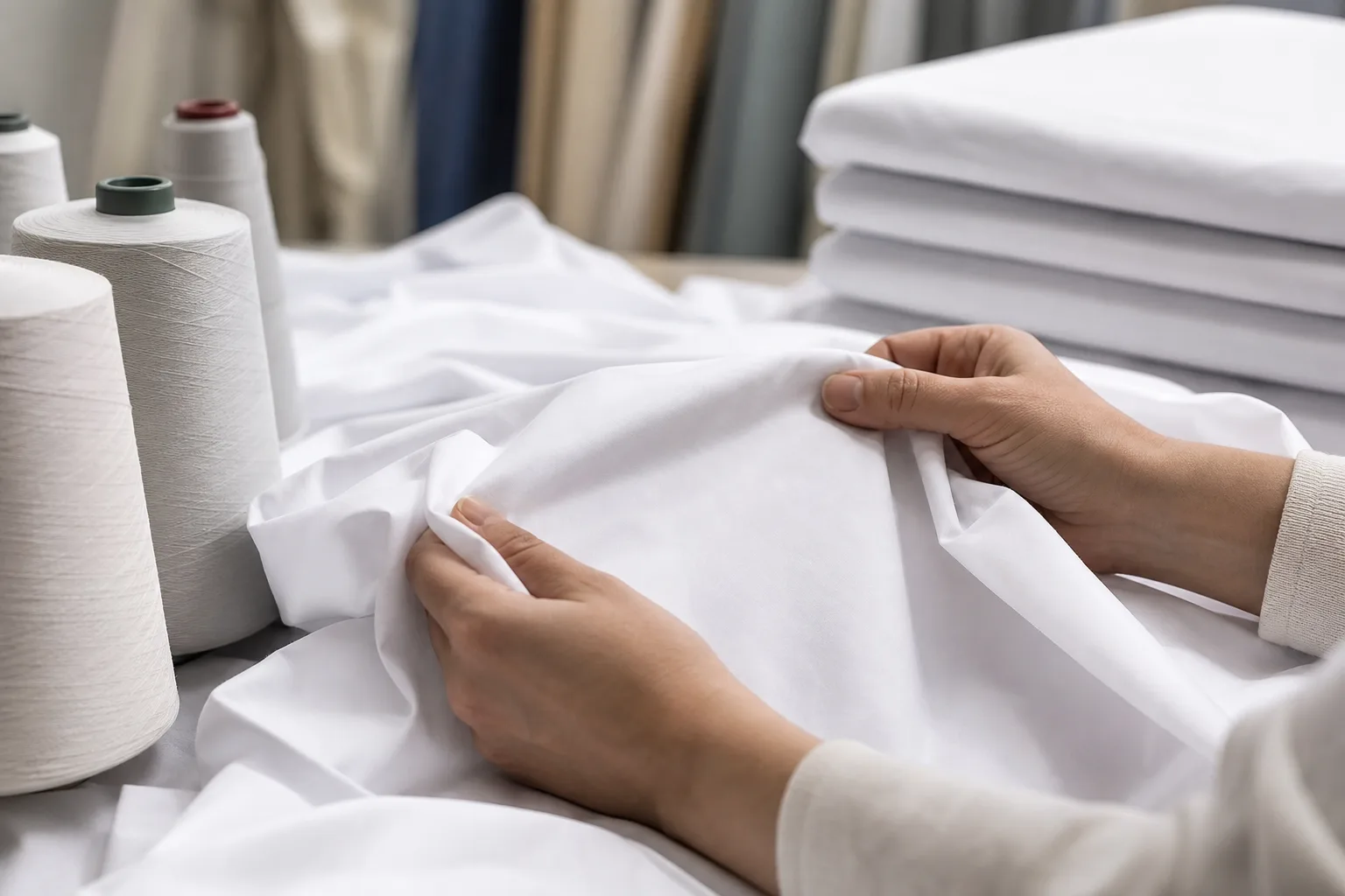 Folded white cotton percale sheets showing a crisp matte surface