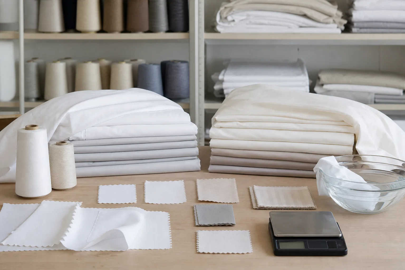 Crisp white percale sheets folded beside a lightweight cotton pillowcase
